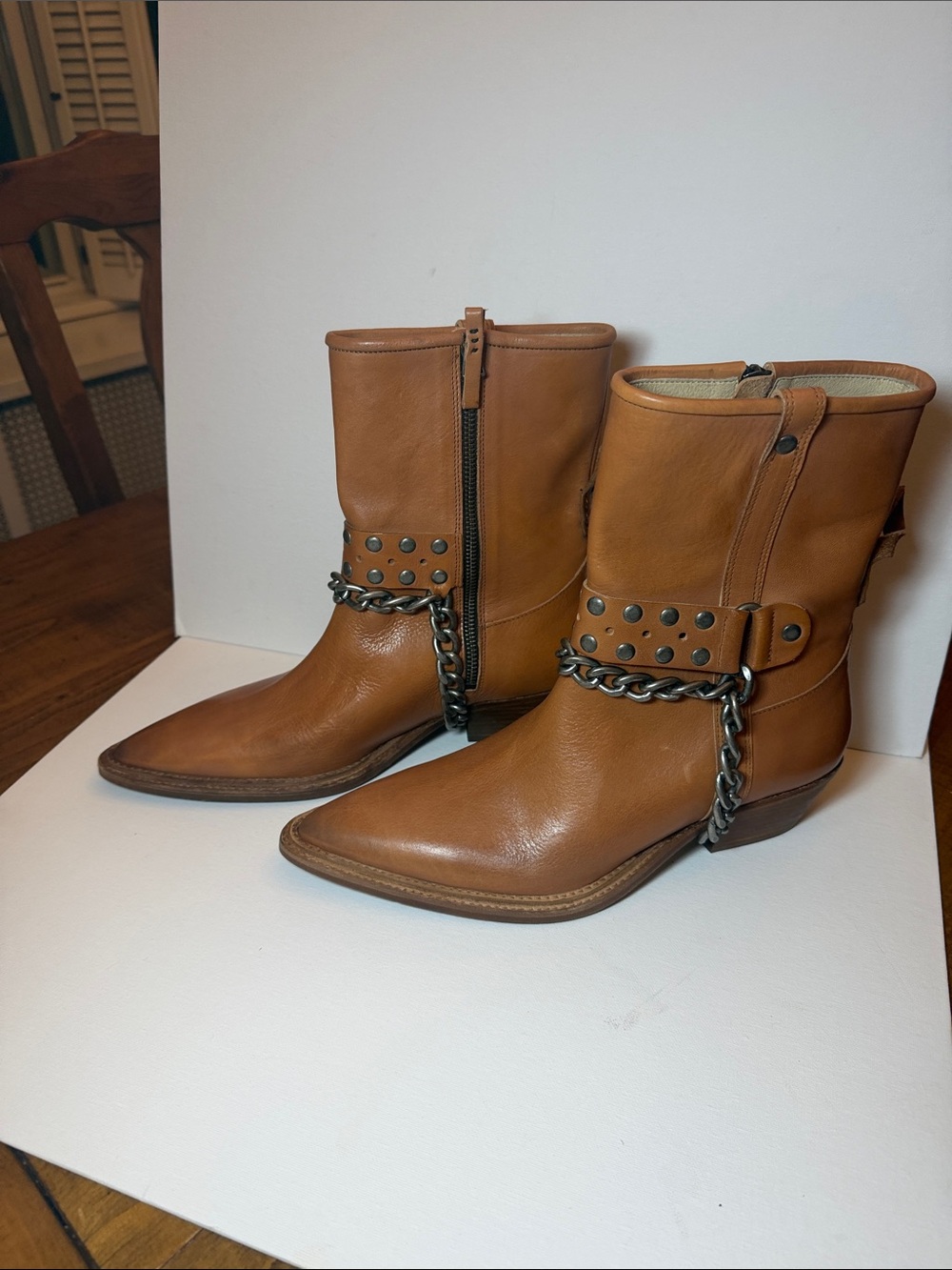 New Free People Aiden Chain Moto Boots 9.5 brown leather new no box